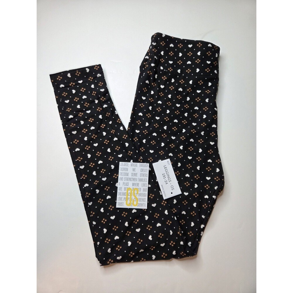 LuLaRoe OS One Size 2-10 Leggings BLACK with Hearts Print Buttery‎ Soft